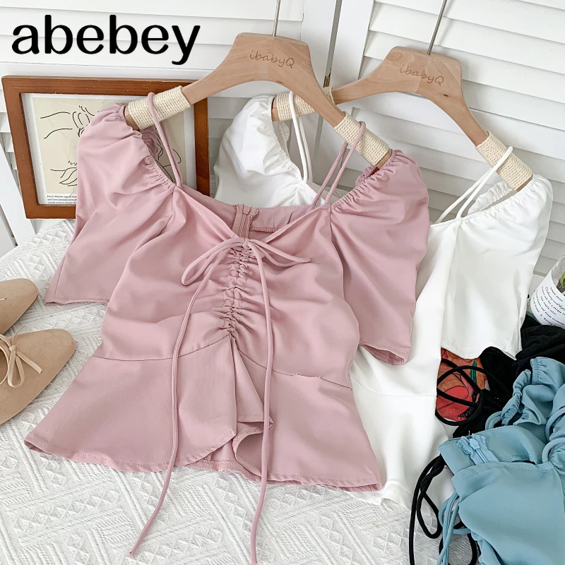 

Милая универсальная рубашка с V-образным вырезом и пышными рукавами, плиссированная короткая рубашка на шнуровке с оборками на талии, Топ дл...