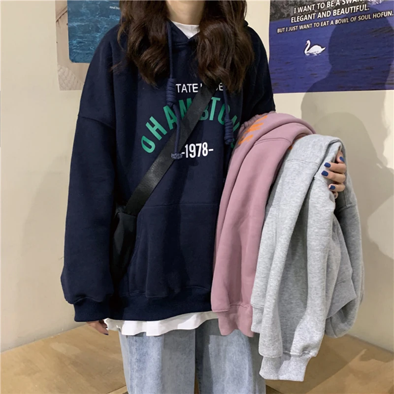 

QRWR 2020 Women Sweatshirt Winter Korean Casual Thick Section Letter Print Pullovers Fashion Long Sleeve Fleece Sweatshirt Women