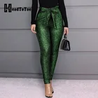 Женские Блестящие Брюки с высокой талией и поясом, обтягивающие повседневные брюки-карандаш