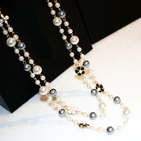 korean autumn winter camellia sweater chain for woman female multi layer pearl rose flower long necklace