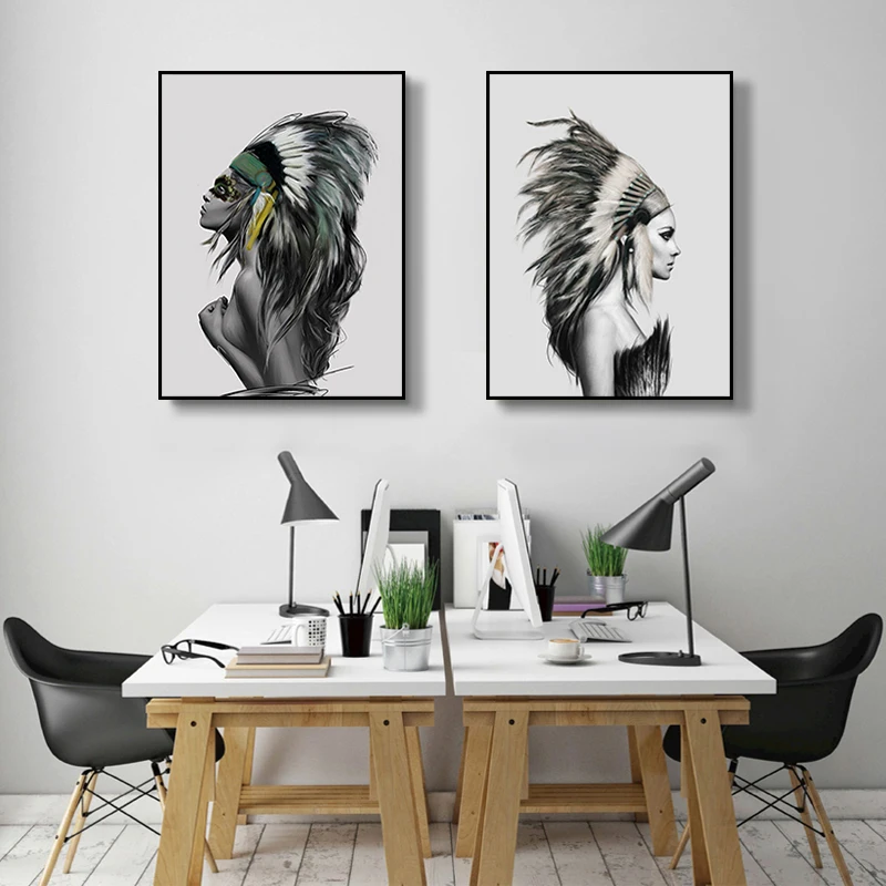 

Modern Style Feather Woman Canvas Poster and Prints Indians Women/Men Painting Pictures Wall Art Decor for Living Room Home