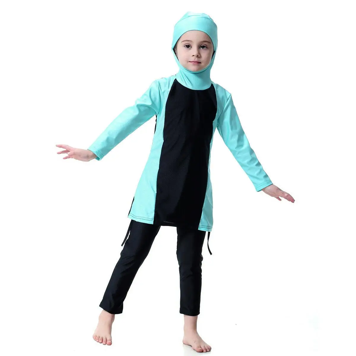 

Kids Muslim Swimwear Hooded Tops Pants 2pcs Girls Modest Swimsuit Swimming Bath Pants Diving Suit Arab Islamic Girl Beachwear