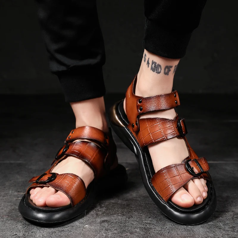 

Summer Sandals Men Genuine Leather Classic Roman Sandals 2020 Slippers Outdoor Sneaker Beach Flip Flops Men Water Trekking Shoes