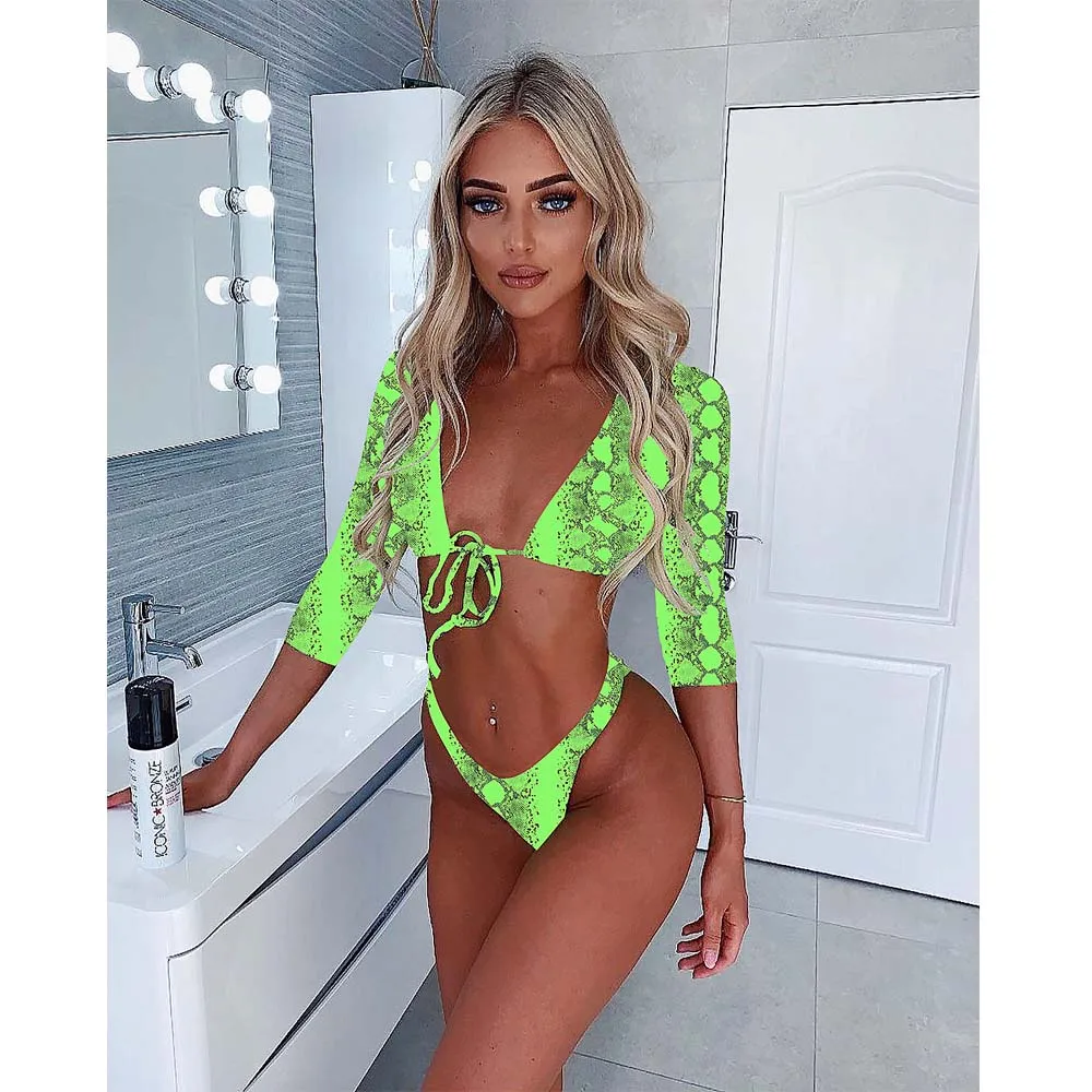 Женское бикини для купальщиков с зеленым принтом змеи неоновый сексуальный