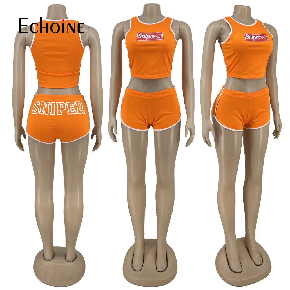 

Echoine Women Letter print Fitness 2 Piece Set vest Crop Top and Biker Shorts Summer Fashion Jogger Tracksuit Party Club Outfits