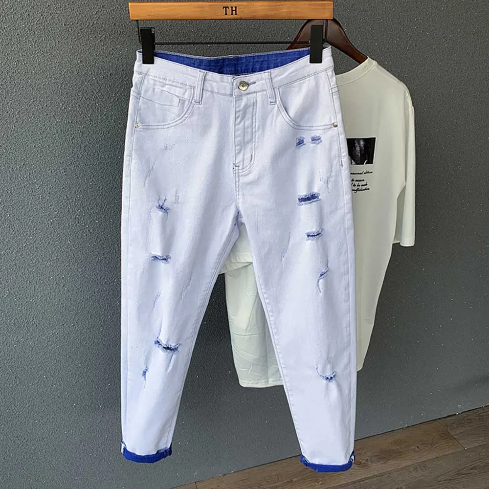 Модные белые рваные джинсы мужские облегающие брюки из денима с дырками шаровары