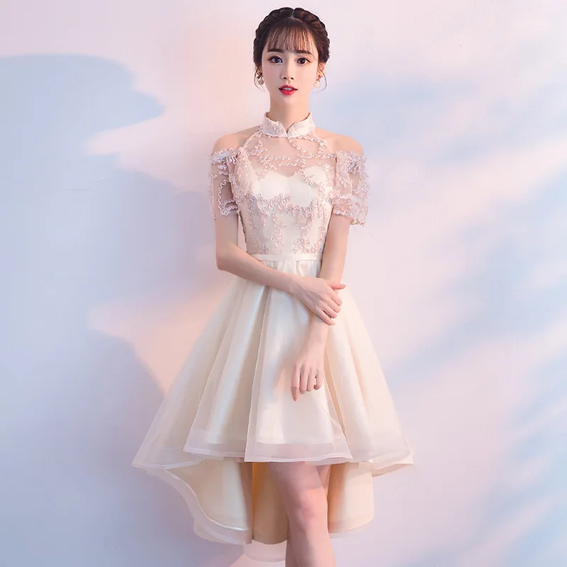 Cheongsam платья Очаровательные цвета шампанского с короткими Свадебная вечеринка