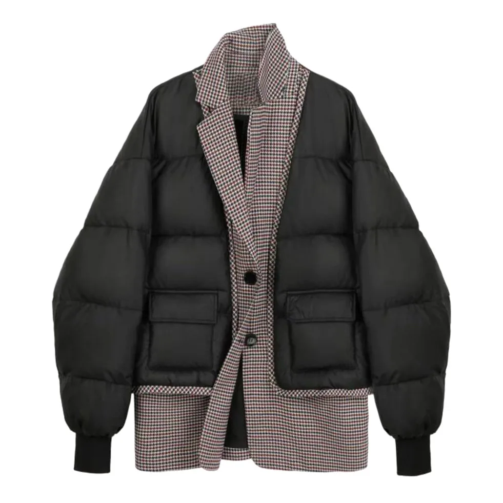 Autumn/Winter Niche Design Jacket Oversize Plaid Stitching Fake Two Harajuku High Street Warm Lapel Long Sleeve Loose Trend Coat