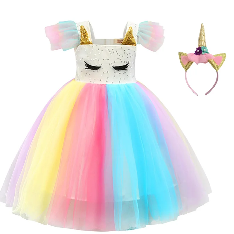 Новый 2020 для детей и единорогом девочек Радужное платье принцессы дня рождения