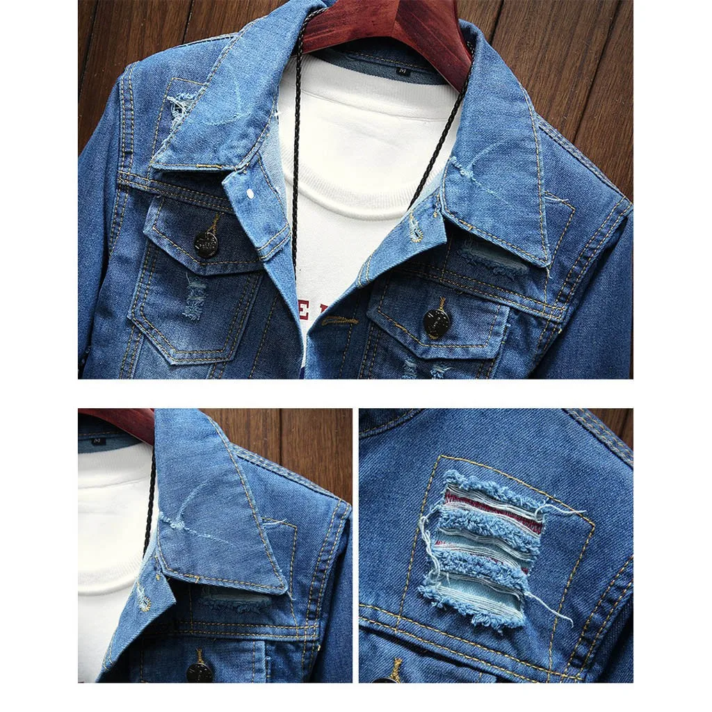 Denim Jacket For Male Men's Holes Jean Jackets Casual Autumn And Winter Jacket Hole Long Sleeve Sweatshirt Outwear Coats Jacket