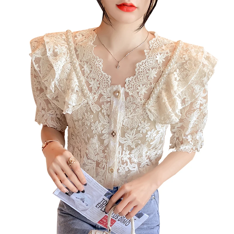 

COIGARSAM Cute Short Sleeve blouse women New Summer Lace Strapless V-Neck blusas womens tops and blouses Apricot White 3176