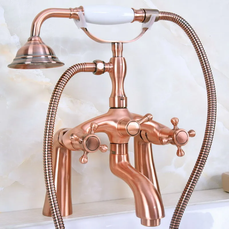 

Античный красный медный латунный смеситель с двумя перекрестными ручками, устанавливаемый на бортике кран для ванны ClawFoot, смеситель с ручн...