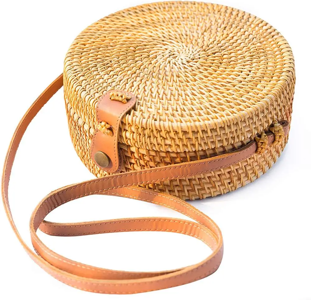 

Handwoven Round Rattan Bag Shoulder Leather Straps Crossbody Natural Chic Hand