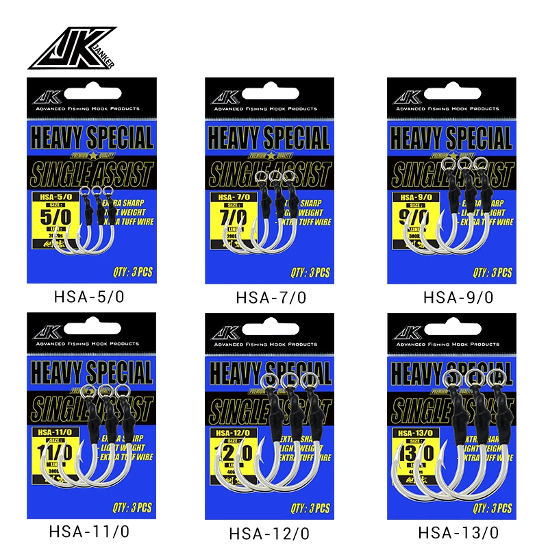 JK HSA 1/0-11/0 4X Heavy Duty High Carbon Steel Jigging Hooks Kevlar Assist Line Solid Ring Power Fishing Hook Saltwater