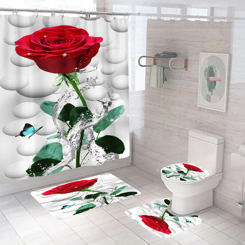 

Rose Waterproof Bathroom Shower Curtain Set with Bath Mats and Rugs Toilet Seat Cover Bathroom Decor Polyester Fabric Washable