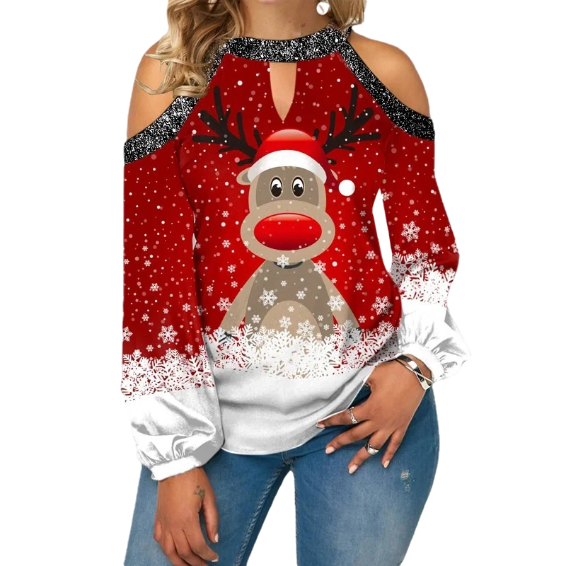 

Christmas Women's T-shirt Strapless Lantern Sleeve Elk Snowflake Print Sexy 2021 New Fashion Festive Atmosphere Female Hoodies