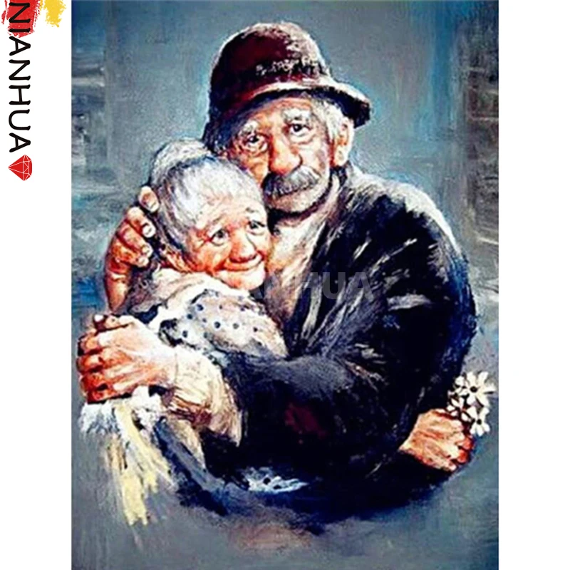 

5D Diamond Painting Kit Elderly Couple Hug Lovers Couple Mosaic Handmade DIY Mural Photo Square Round Gift Home Furnishing