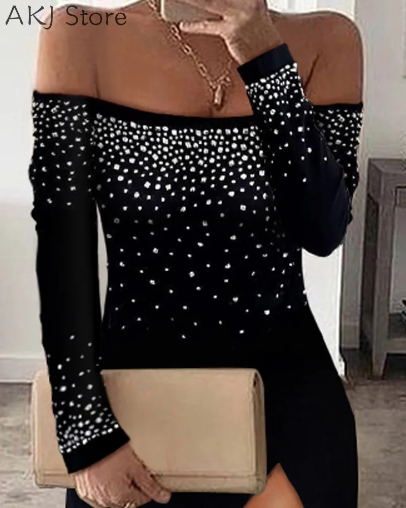 Женское блестящее платье до бедра с открытыми плечами и разрезом | Женская одежда