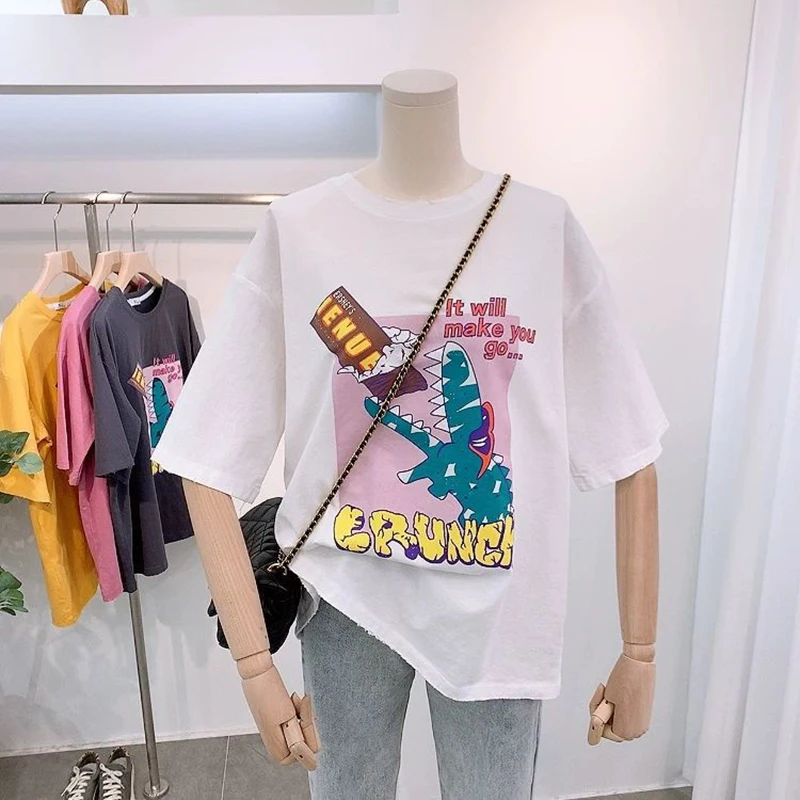 Новая летняя женская мода Корейская свободная футболка с мультяшным принтом