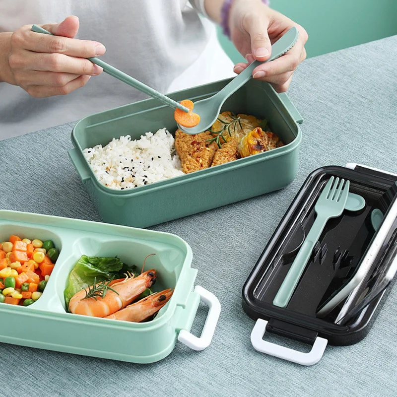 

100% Good Cheap 2-Tier Bento Lunch Box Solid Square Spoon Portable Lunch Box With Fork Chopsticks Spoon Household products