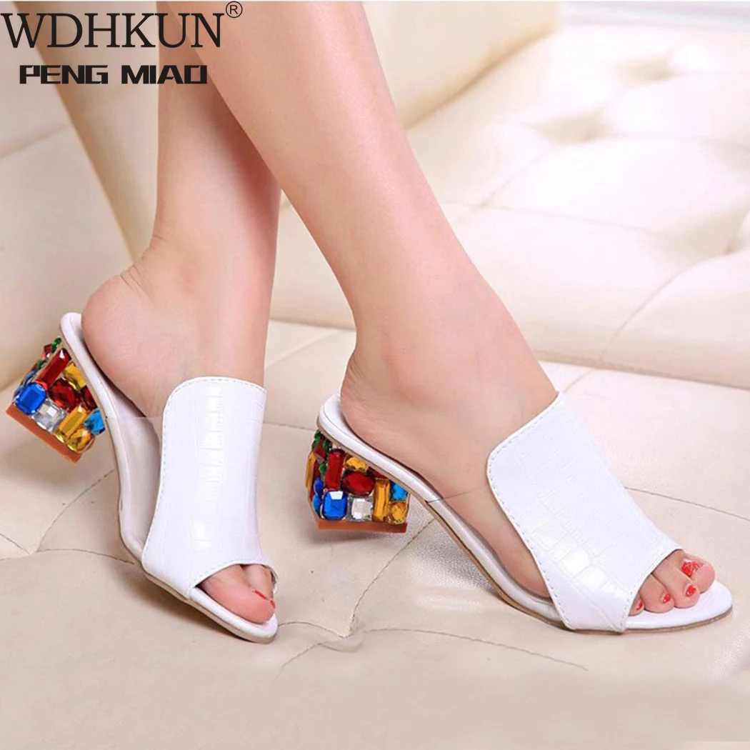  2020 Brand Big Size 41 Elegant Crystals Chunky Heels Summer Women's Shoes Woman Sandals Leisure Women Slippers | Обувь