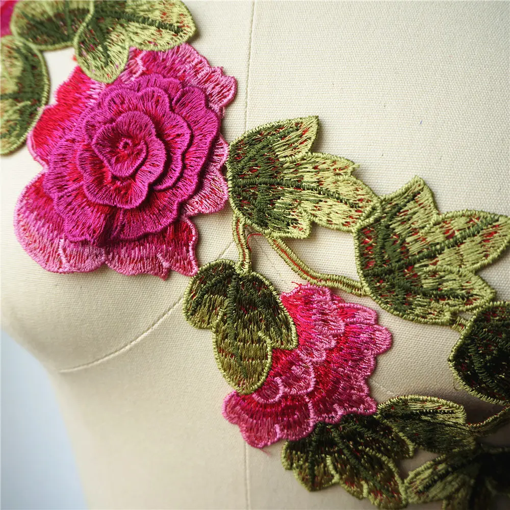 Розовый красный вышитый 3D цветок листья платье Аппликации кружевной ткани