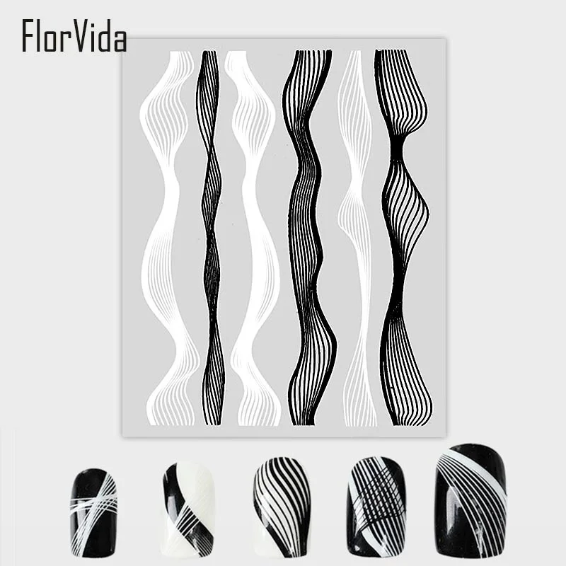FlorVida Золотые полоски наклейки для дизайна ногтей s Белый Черный кривой узор накладные ногти самоклеющиеся 3D наклейка для ногтей маникюр