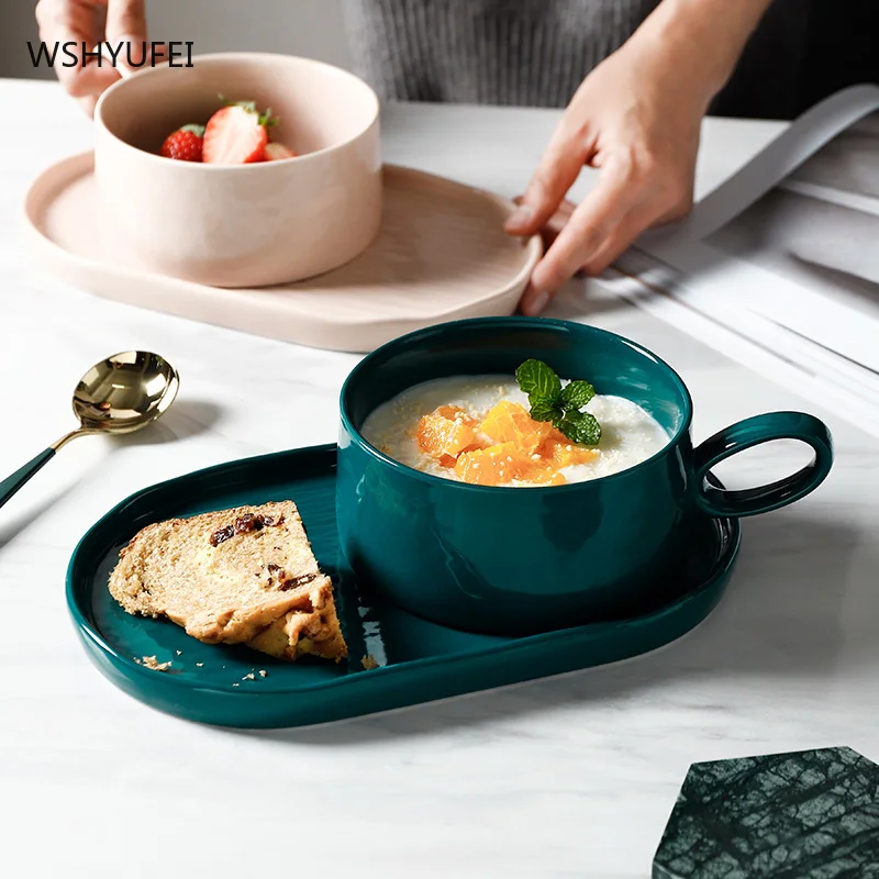 

Nordic style breakfast bowls and plates, with handles, cups and saucers, and salad cereal bowls, creative household tableware