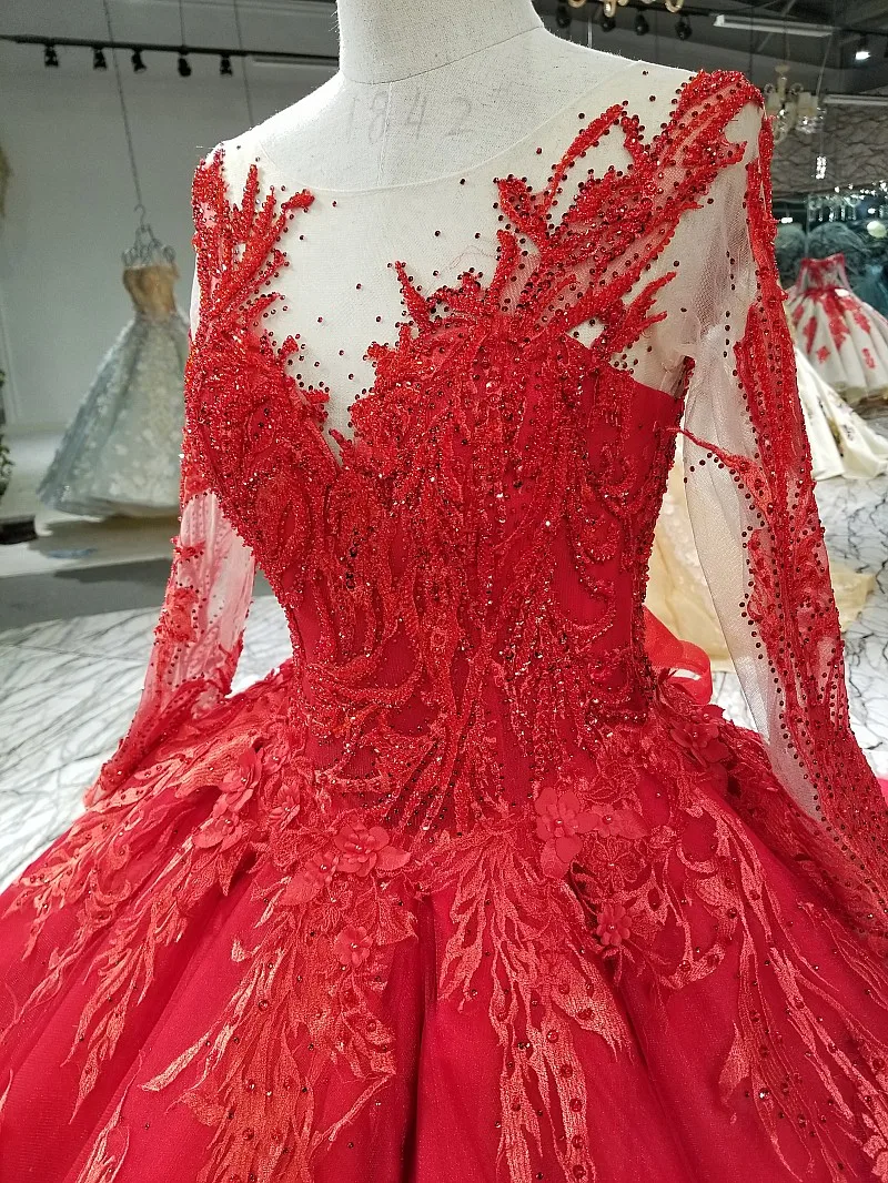 

BGW HT32714 Luxury Ball Gown Evening Dress Long Tulle Sleeve O-neck Lace Up Back Appliques Evening Dress 2020 For Wedding Party