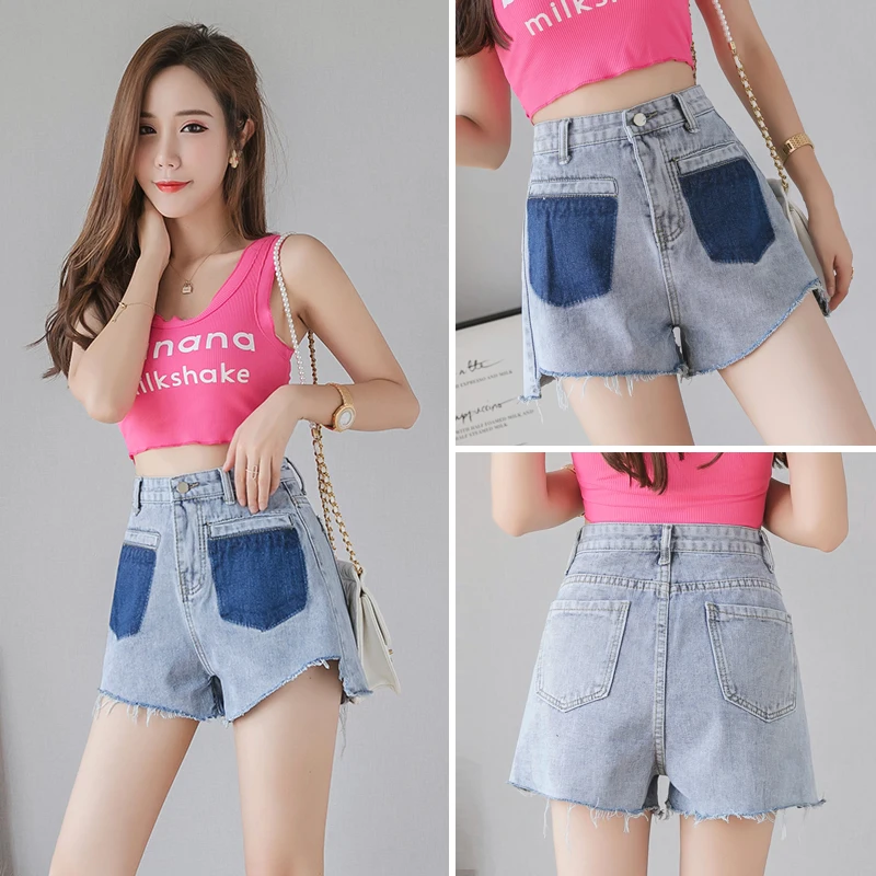 

Film pocket bump color denim shorts woman A new word wide-legged pants in the summer of han edition high waist burrs hot pants