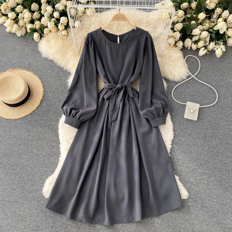 

Женское длинное платье-трапеция, однотонное ТРАПЕЦИЕВИДНОЕ платье с рукавами-фонариками и круглым вырезом в Корейском стиле, Новинка осени...