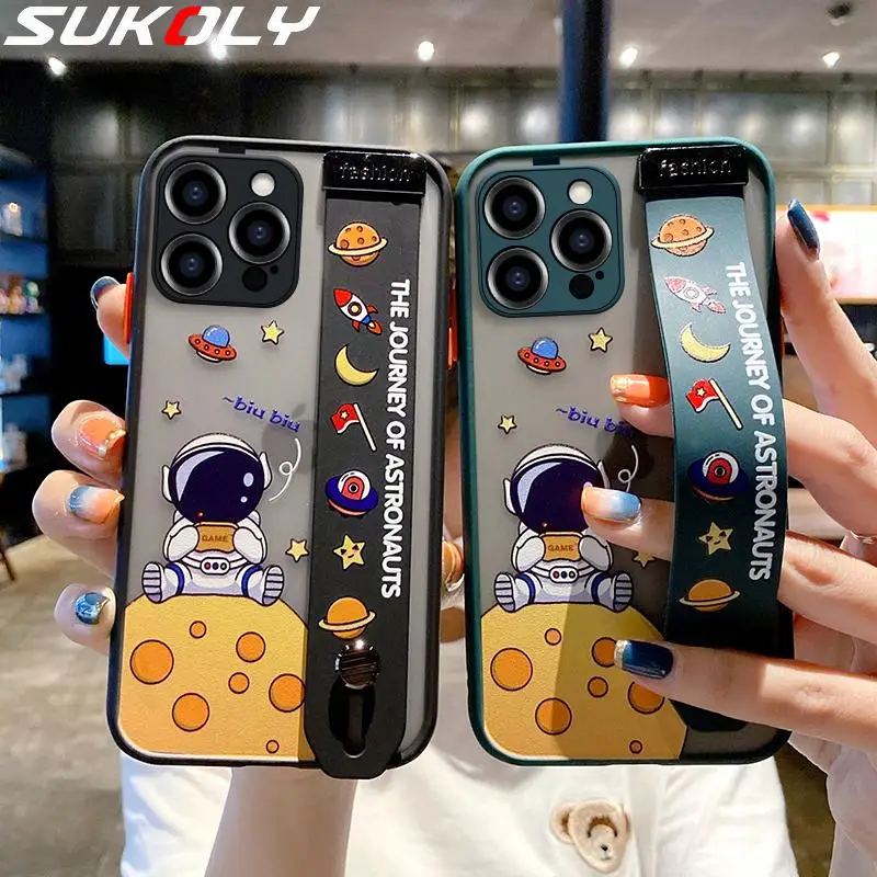 

For iPhone 12 11 Pro Max XR XS X 6 6s 7 8 Plus Cute Cartoon Space Astronaut Wrist Band Bracket Phone Case Matte Hard Back Cover