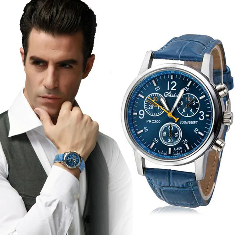 

New Luxury Fashion Crocodile Faux Leather Mens Analog Watch Watches Blue Luxury Wrist Watch Man Clock Fashion Chronograph