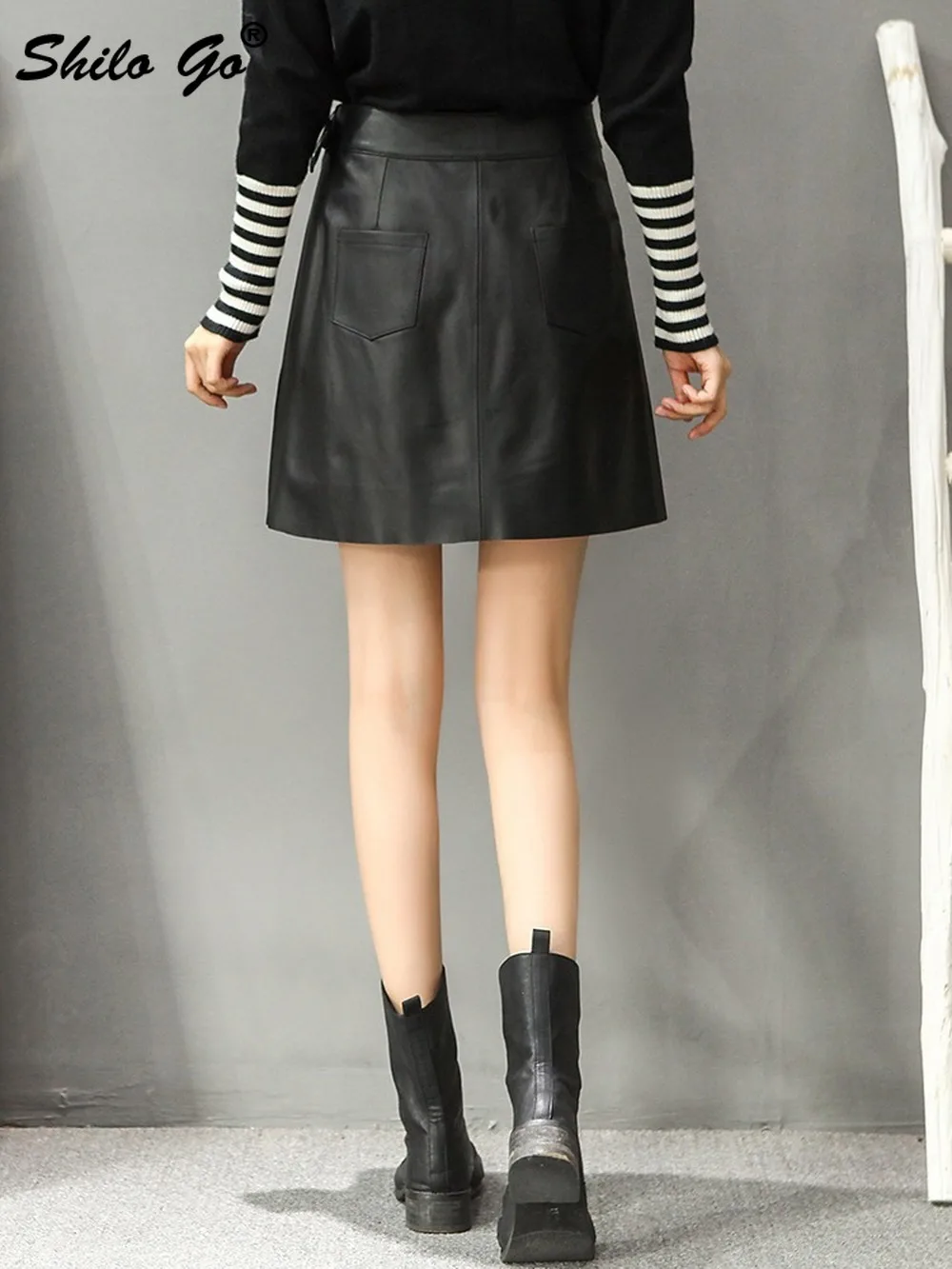 

High Waist Cross Buckle Belted A Line Mini Skirts Womens Winter Safari Style Genuine Leather Hot Skirts Casual Sheepskin Skirts