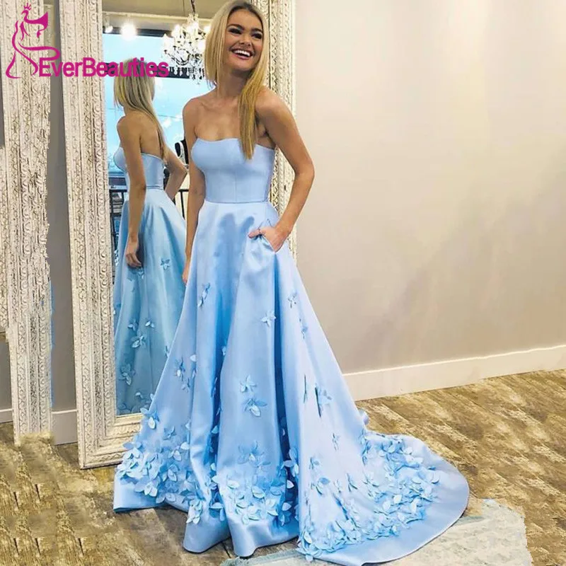 

Vestidos De Gala Sweetheart Prom Dresses with Pockets Robe De Soiree 2020 Satin Appliques Evening Gown