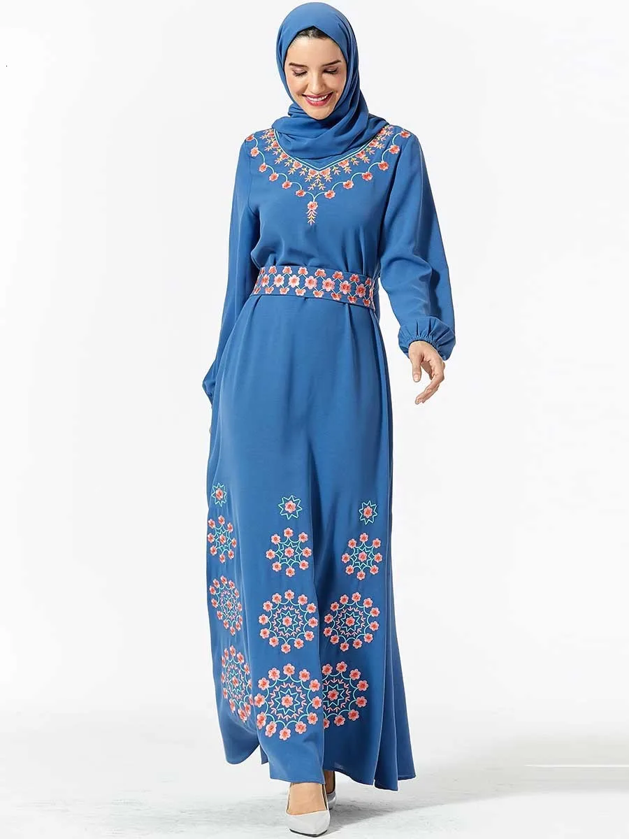 Большой размер мусульманское женское абайя Цветочная вышивка пояс большое свободное арабское платье пояс с длинным рукавом Дамская мода исламская одежда