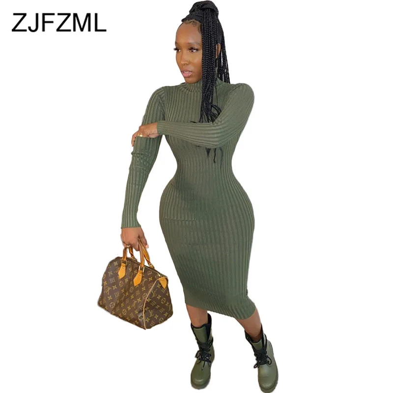 

Autumn Winter Solid Long Bandage Dress Women Turtleneck Elastic Long Sleeve Dress Causal High Waist Ribbed Cotton Bodycon Dress