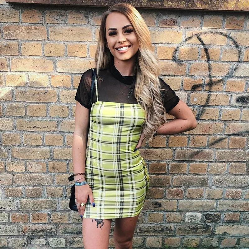 Платье летнее женское Модное Новое Стильное зеленое клетчатое пикантное