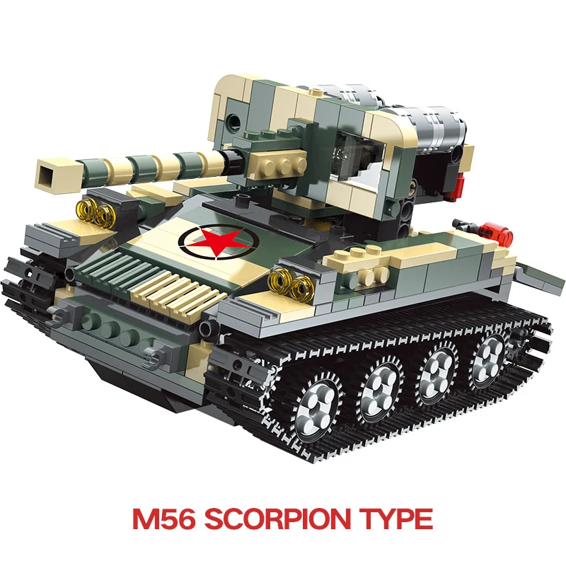 

499PCS Military Police City Technical M56 Tank Compatible WW2 Blocks Bricks 3 Change Model Vehicle Figure Toys For Kids Boy