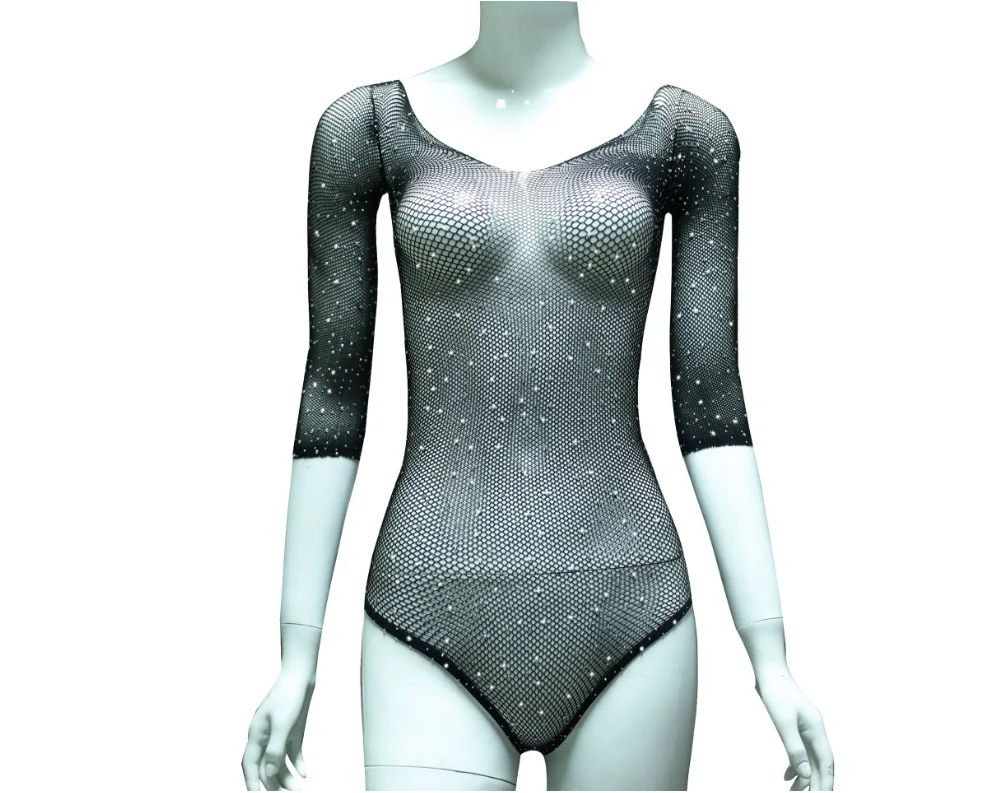 Сексуальное женское платье с длинным рукавом в крупную сеточку Стразы боди Топы