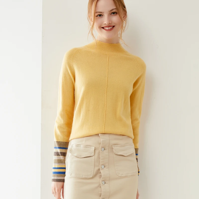 

2020 New Cashmere Sweater Women's High-Neck Color Matching 100% Pure Wool Pullover Fashion Plus Size Warm Knitted Bottoming Shir
