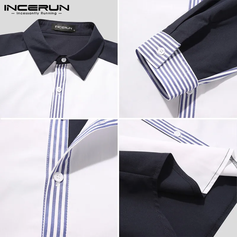 

2021 Fashion Patchwork Long Sleeve Shirts INCERUN Men Lapel Neck Chemise Hombre Color Stitching Striped Blouse Streetwear S-3XL