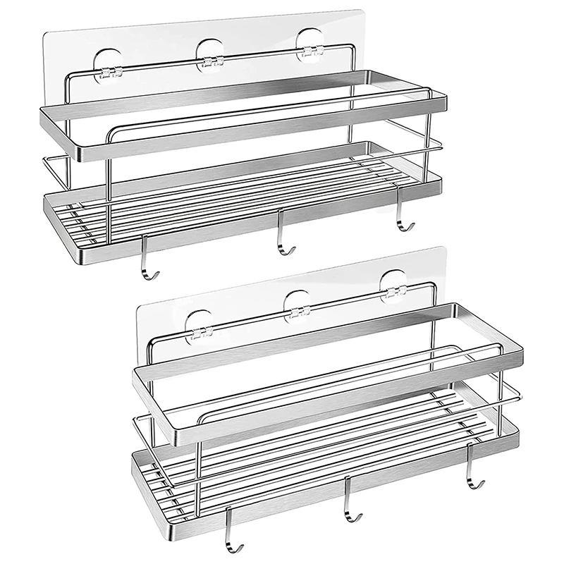

2-Pack Shower Shelf Organizer with Hooks,Stainless Steel Wall Rack Kitchen Shelf,Without Drill Bathroom Shower Basket