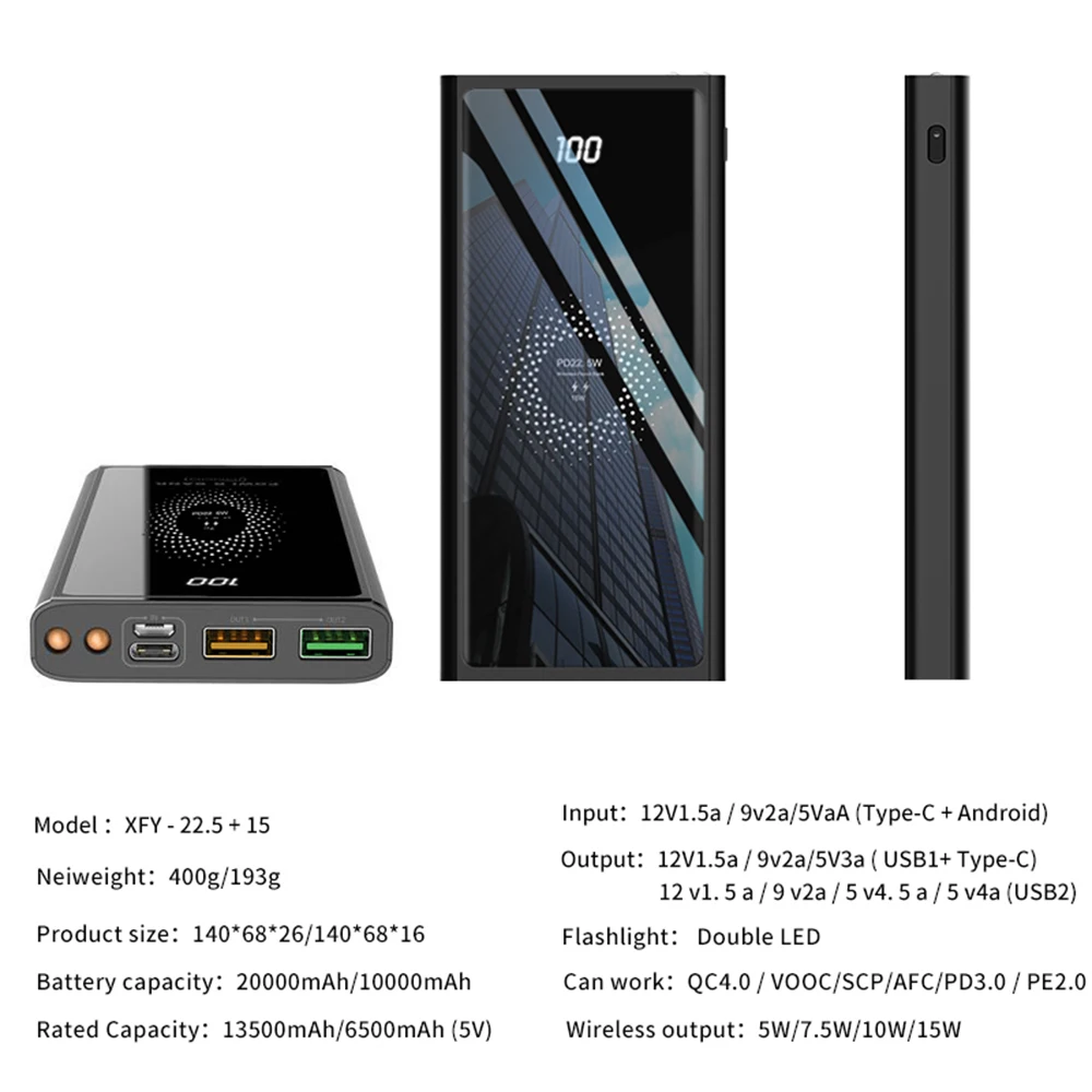 

Raxfly 20000mAh Power Bank PD Fast Charging Portable Extrenal Battery Charger 15W Wireless Charger Power Bank For iphone Xiaomi