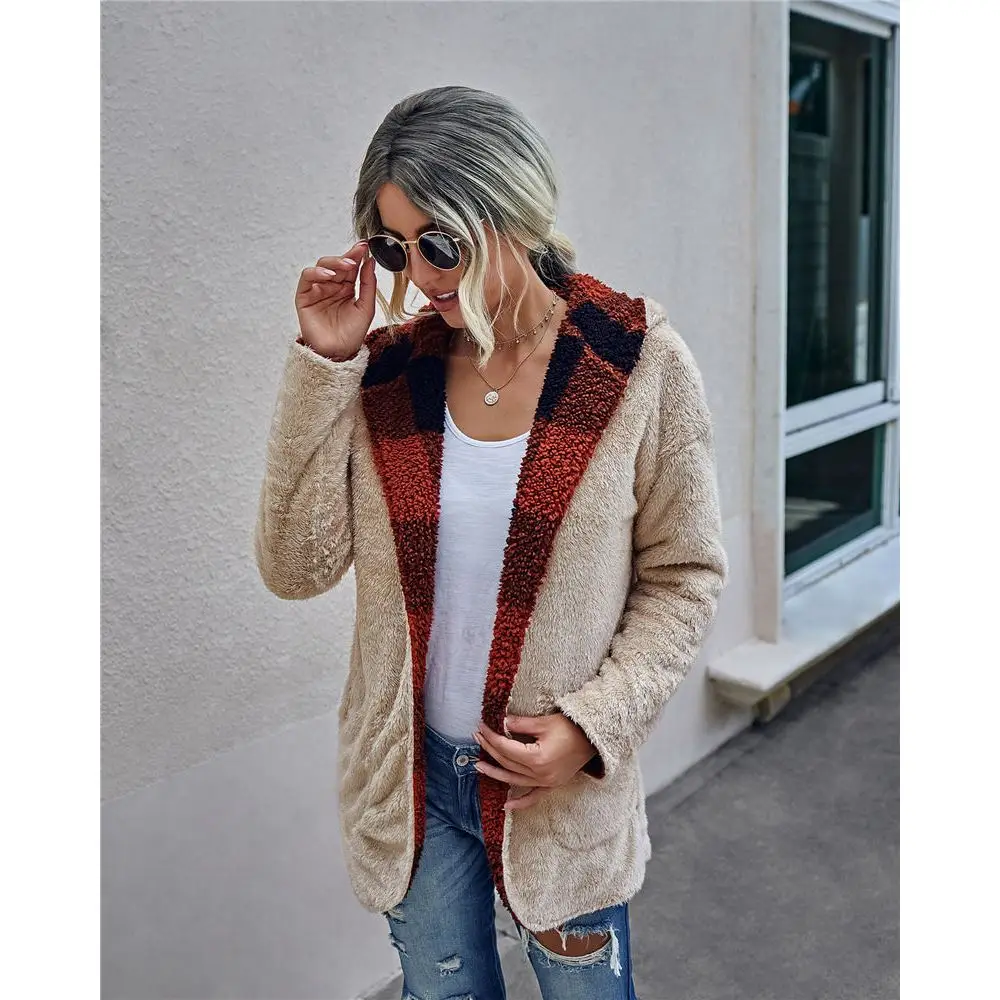 

Women Vintage Fleece Sweater Plaid Faux Fur Double Sides Cardigan Hooded Fluffy Sherpa Sweater Luxury Winter Teddy Sweaters