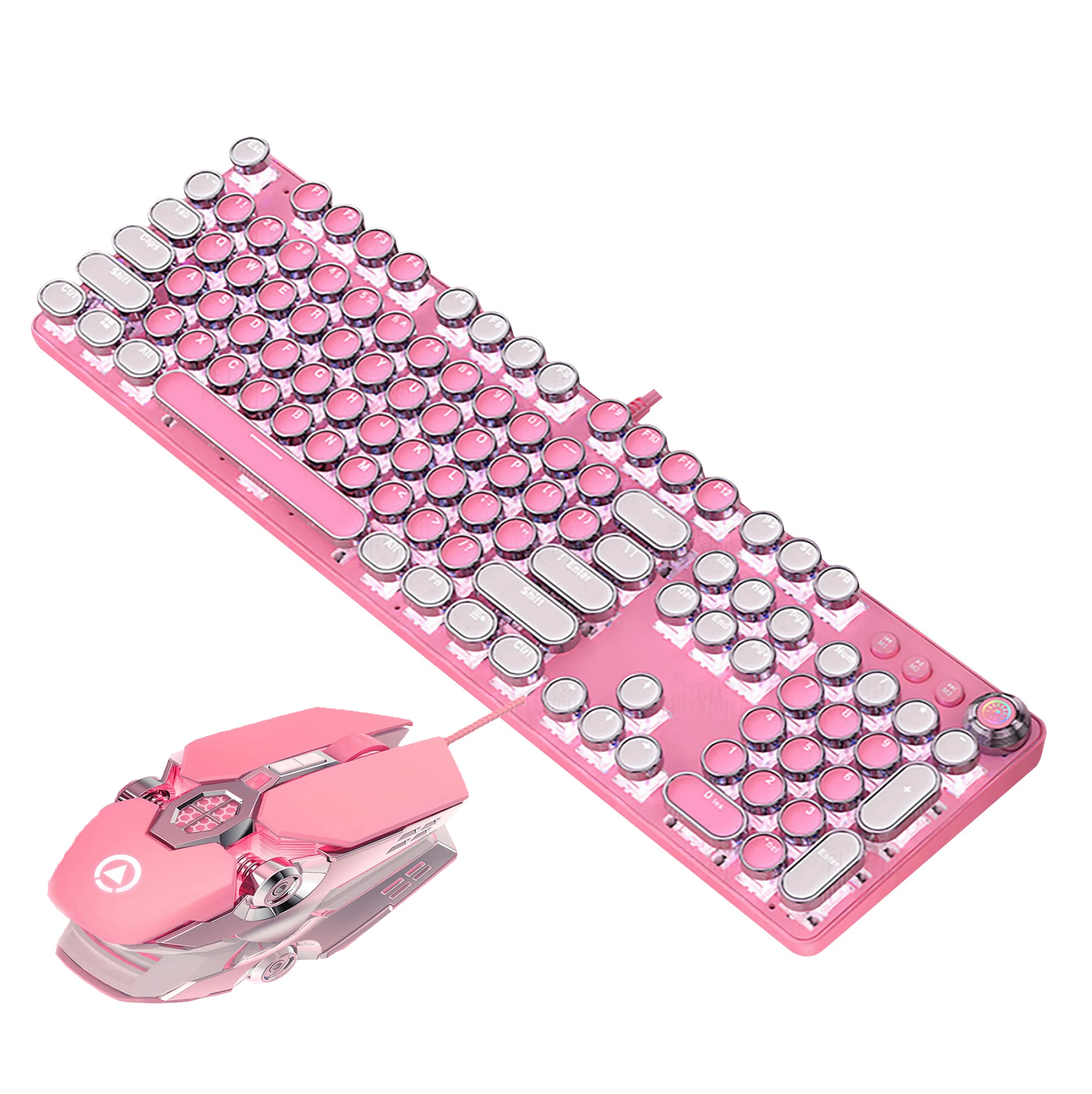 

Клавиатура и мышь для девочек 2 в 1, Механическая игровая клавиатура 104 клавиш с зеленым стержнем, проводная USB-мышь 3200DPI, розовые комбо