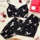 Пижама на тонких бретельках с принтом лисы, осенний комплект из двух предметов, топ и длинные брюки, одежда для сна, атласная Женская пикантная ночная рубашка с V-образным вырезом и узором