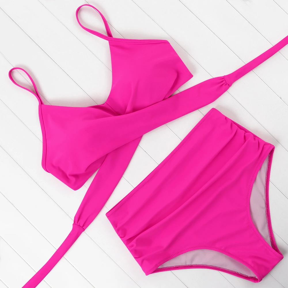 Купальник-бикини OMKAGI женский с высокой талией однотонный бандажный комплект