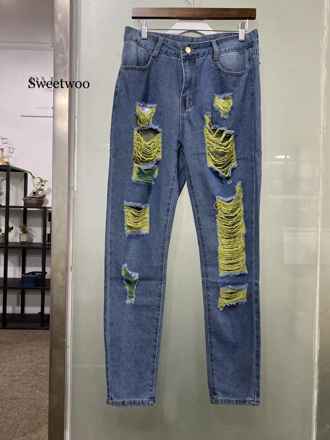 Женские прямые джинсы с высокой талией брюки дырками уличная мода женские