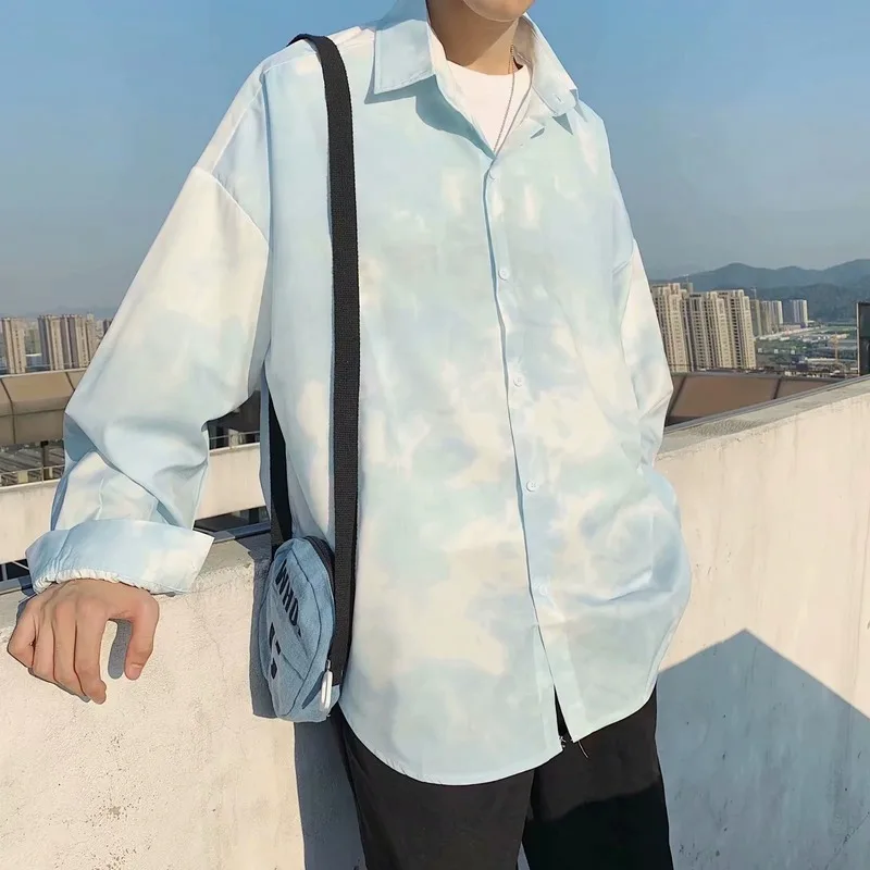 

Men's Long Sleeve Shirt 2020 Fall Korean Color Block Tie Dye Printed Shirt Cardigan Jacket